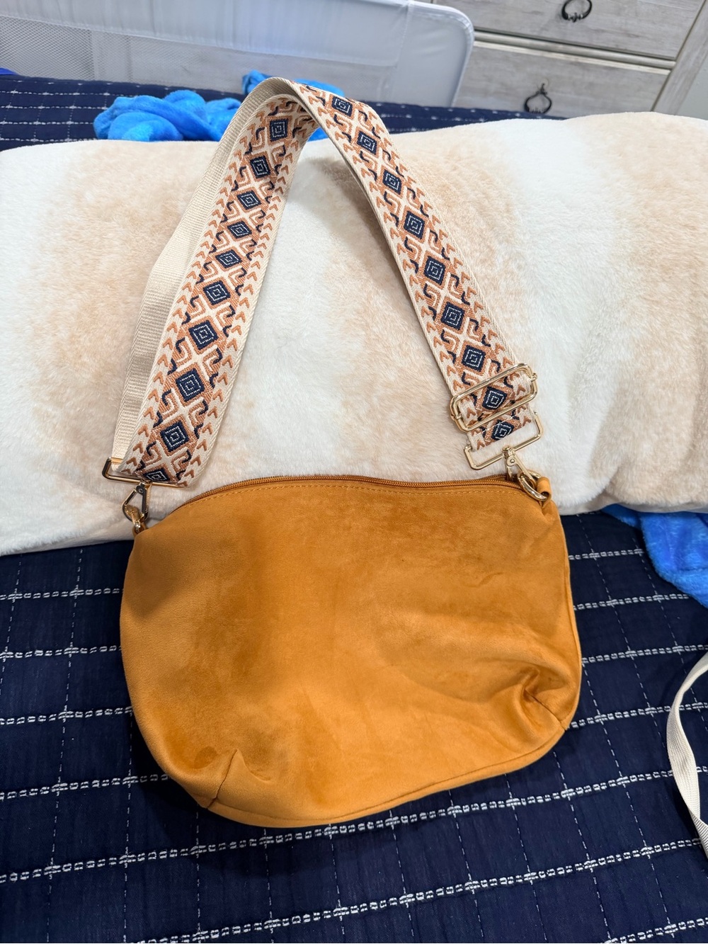 Everyday Tan Suede Hobo Bag with Patterned Adjustable Strap